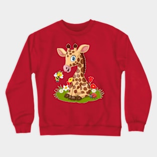 Cartoon little giraffe with bee in the grass Crewneck Sweatshirt